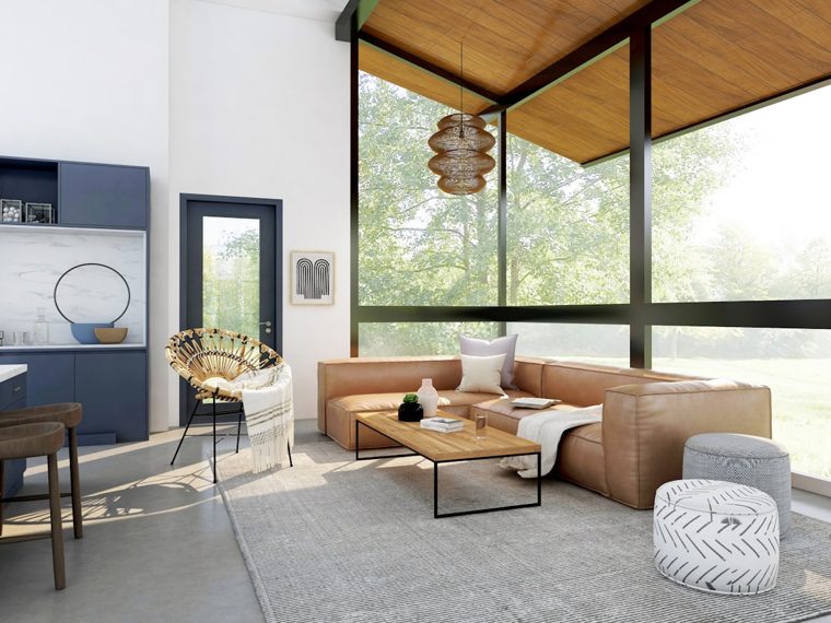 Salon ouvert avec mobilier sur-mesure et lumière naturelle